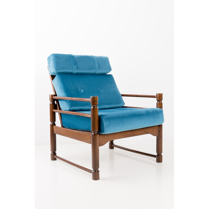 Pair of petrol blue armchairs in beechwood - 1960s