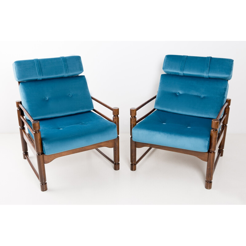 Paar vintage benzine blauwe beuken fauteuils - 1960