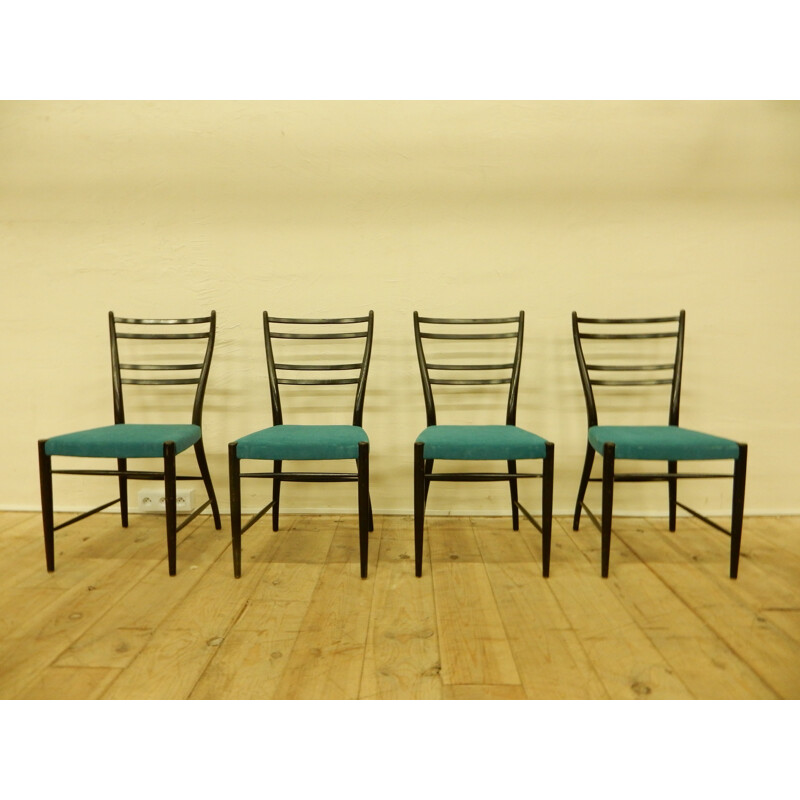 Set of 4 scandinavian chairs in dark lacquered wood and electric blue fabric - 1960s