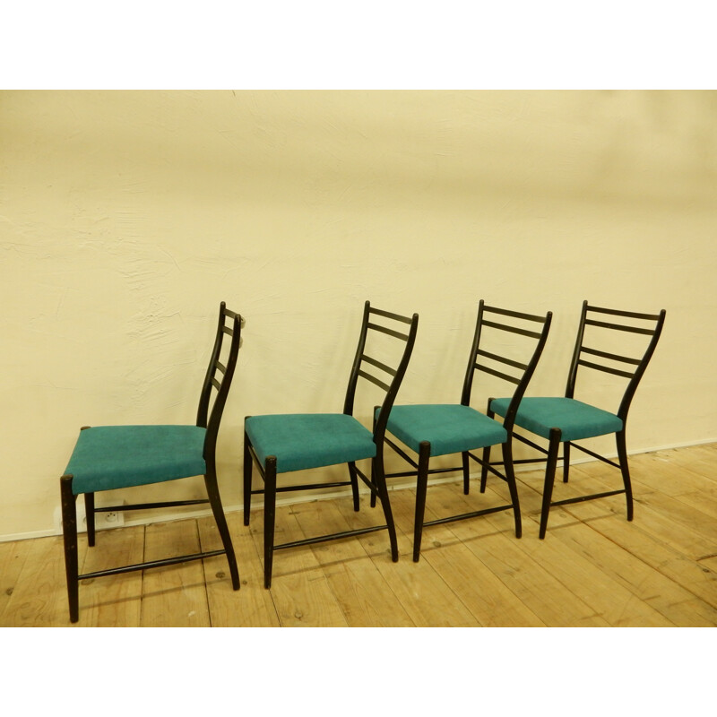 Set of 4 scandinavian chairs in dark lacquered wood and electric blue fabric - 1960s