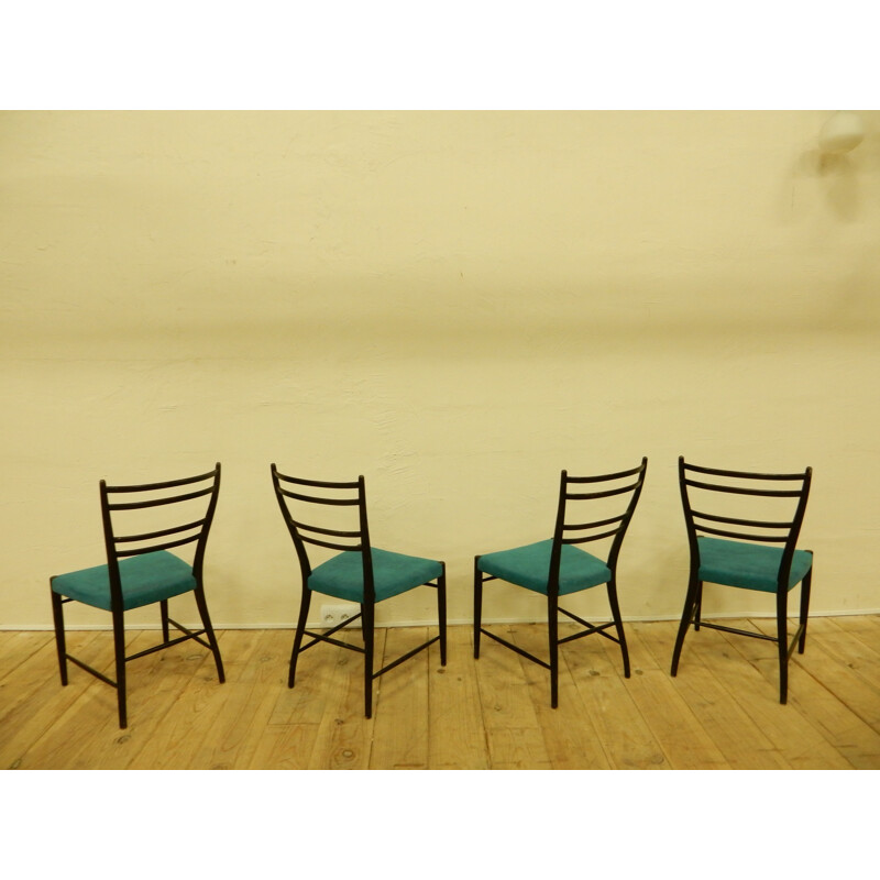 Ensemble de 4 chaises scandinaves en bois laqué noir et tissu bleu électrique - 1960