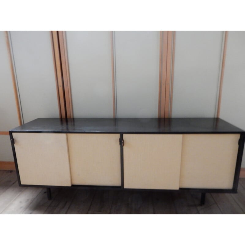 Sideboard in wood, raphia, leather and metal, Florence KNOLL - 1960s