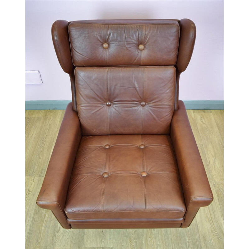 Fauteuil lounge vintage pivotant en cuir marron par Skippers Mobler - 1960