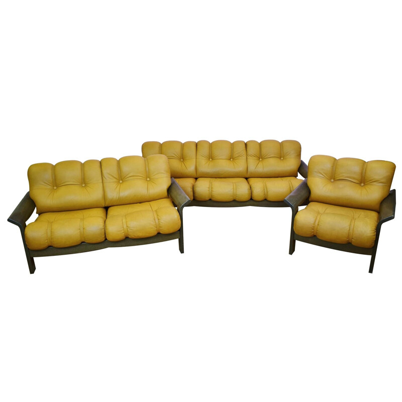 Vintage Norwegian living room set in tan leather - 1970s