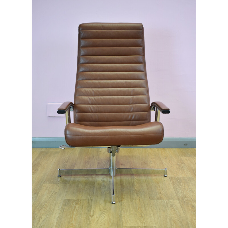 Vintage Danish brown leather reclining swivel lounge armchair - 1980s