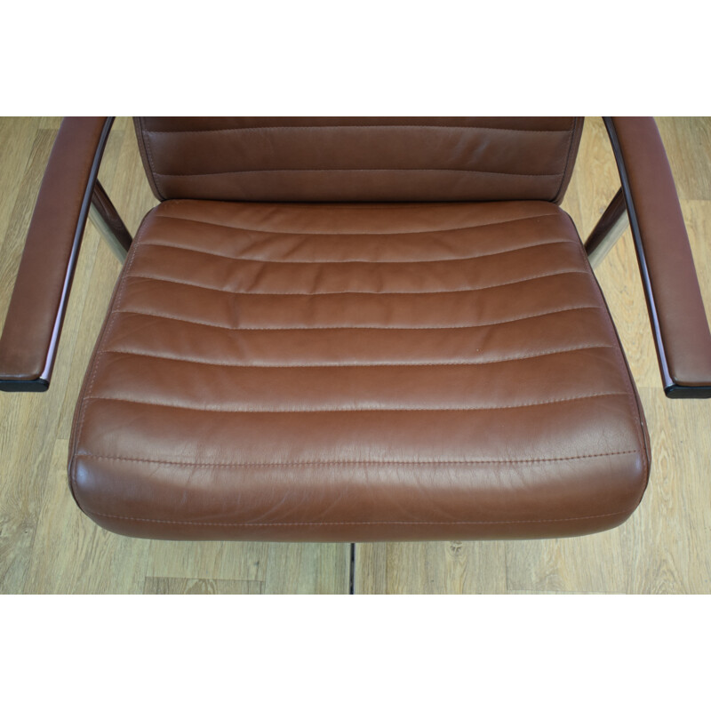 Vintage Danish brown leather reclining swivel lounge armchair - 1980s