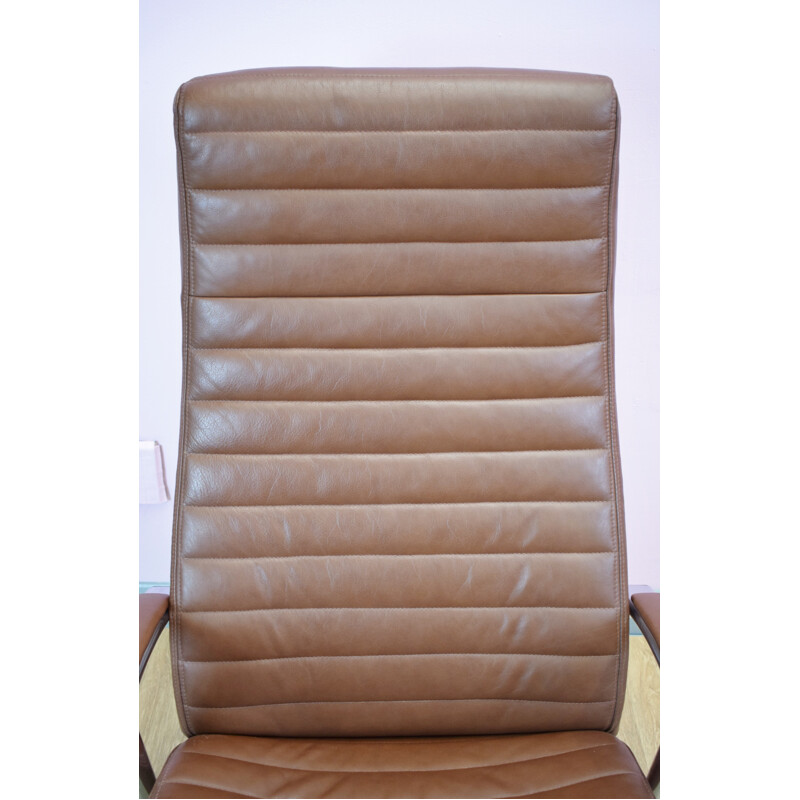 Vintage Danish brown leather reclining swivel lounge armchair - 1980s