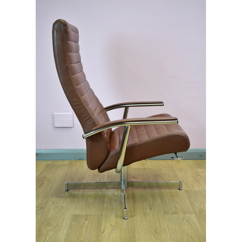 Vintage Danish brown leather reclining swivel lounge armchair - 1980s