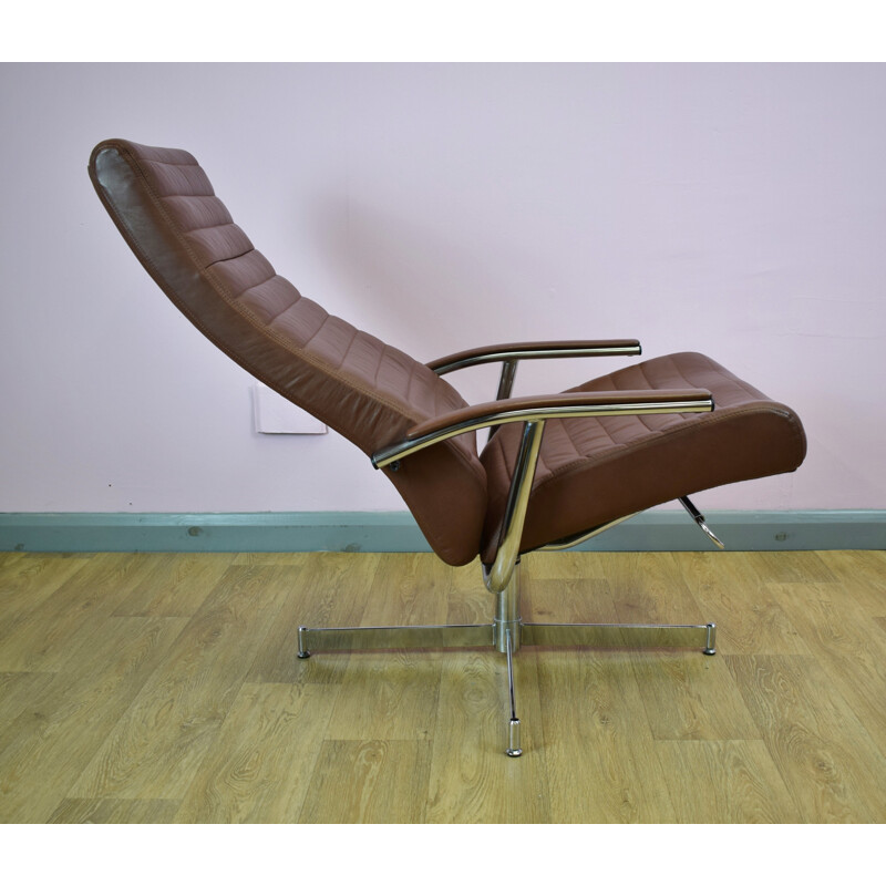 Vintage Danish brown leather reclining swivel lounge armchair - 1980s