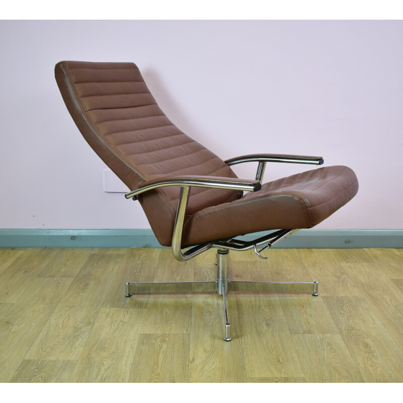 Vintage Danish brown leather reclining swivel lounge armchair - 1980s