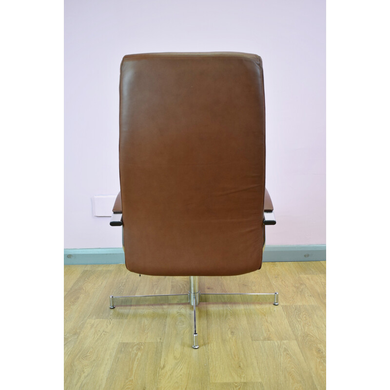 Vintage Danish brown leather reclining swivel lounge armchair - 1980s