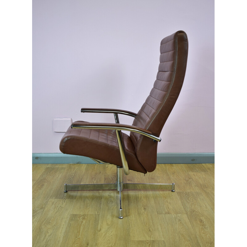 Vintage Danish brown leather reclining swivel lounge armchair - 1980s