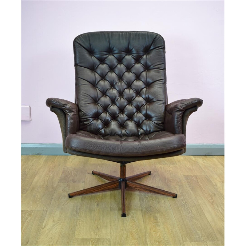 Vintage Danish Brown Leather Swivel Lounge Arm Chair - 1970s