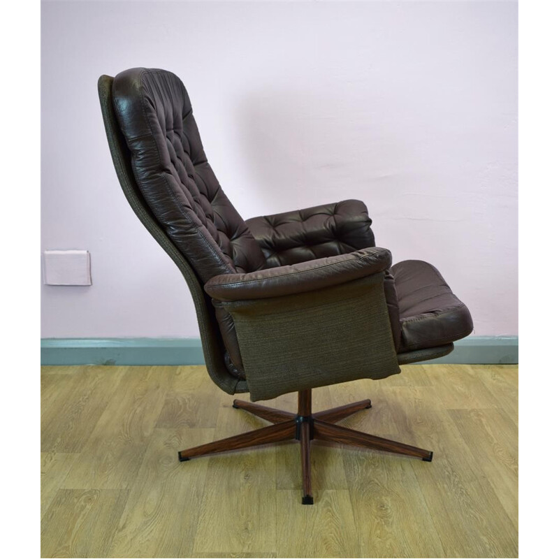 Vintage Danish Brown Leather Swivel Lounge Arm Chair - 1970s