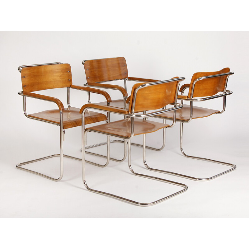 Set of 4 Vintage Tubular Steel Chairs Czech Bauhaus - 1930s