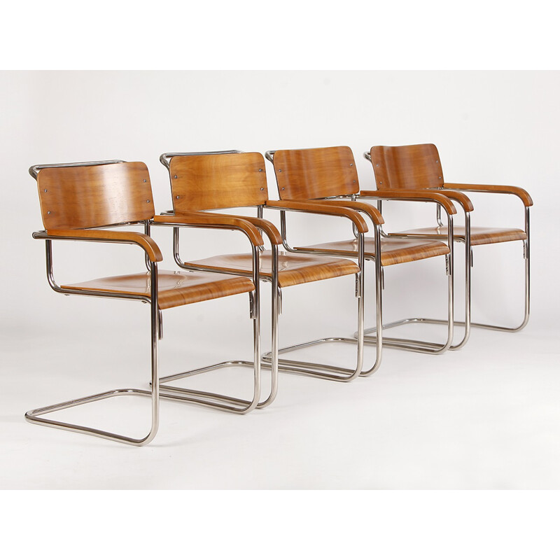 Set of 4 Vintage Tubular Steel Chairs Czech Bauhaus - 1930s