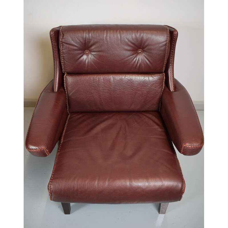 Vintage Burgundy Leather Lounge Armchair - 1970s