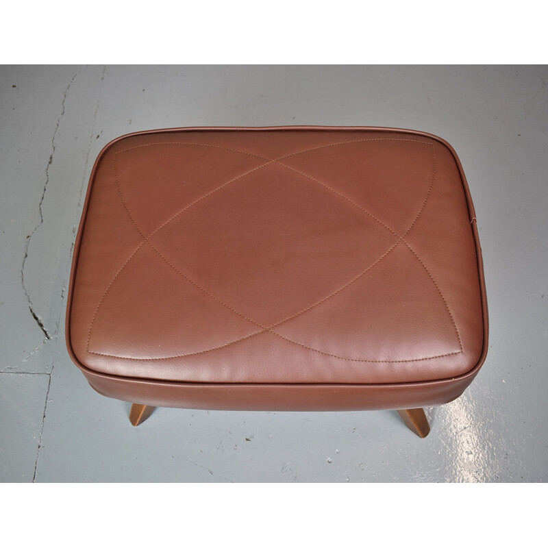 Vintage Danish Brown Faux Leather Foot Stool - 1970s