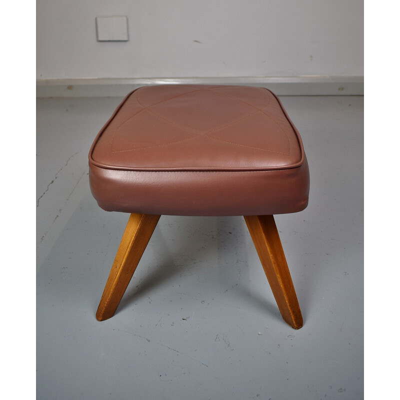 Vintage Danish Brown Faux Leather Foot Stool - 1970s