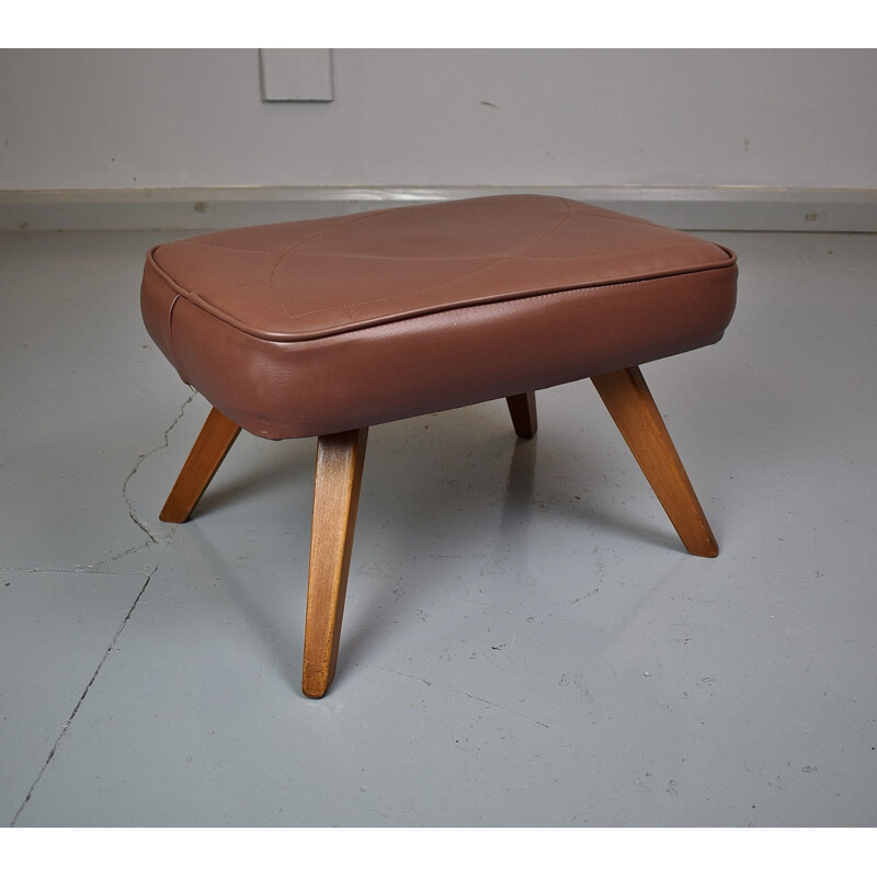 Vintage Danish Brown Faux Leather Foot Stool - 1970s