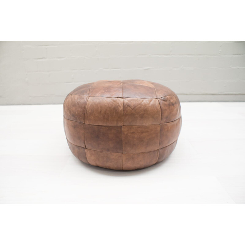 Vintage Brown Leather Pouf - 1960s