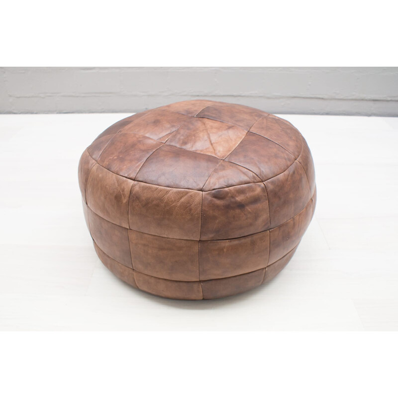 Vintage Brown Leather Pouf - 1960s