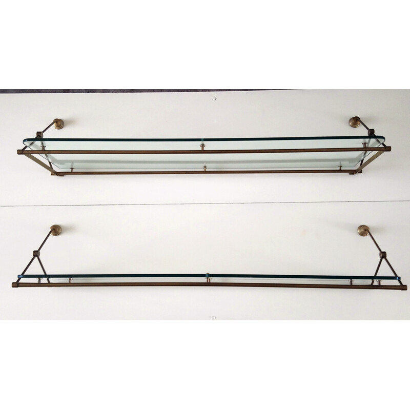 Pair of vintage wall shelves brass and glass - 1960s