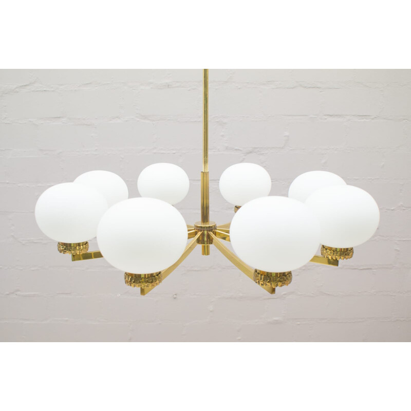 Brass and Opal Glass Orbit Chandelier by Gaetano Sciolari - 1960s