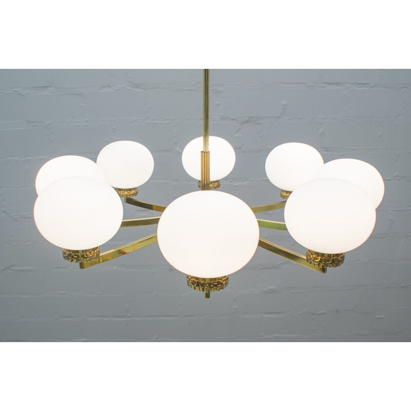 Brass and Opal Glass Orbit Chandelier by Gaetano Sciolari - 1960s