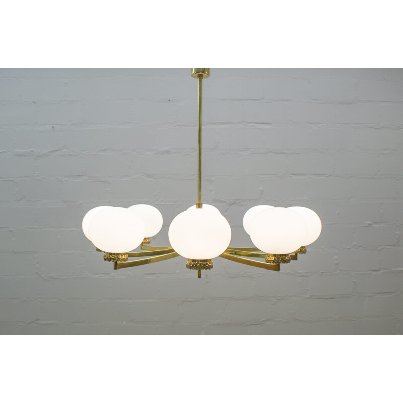 Brass and Opal Glass Orbit Chandelier by Gaetano Sciolari - 1960s