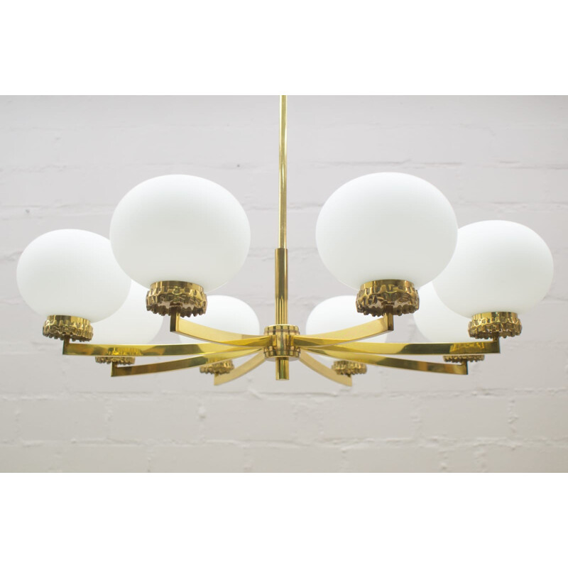 Brass and Opal Glass Orbit Chandelier by Gaetano Sciolari - 1960s