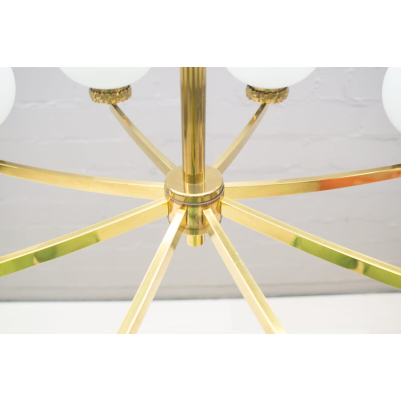 Brass and Opal Glass Orbit Chandelier by Gaetano Sciolari - 1960s