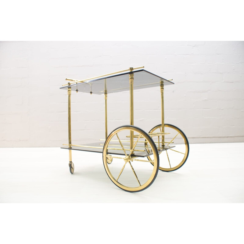 Hollywood Regency Brass & Smoked Glass Serving Trolley - 1960s