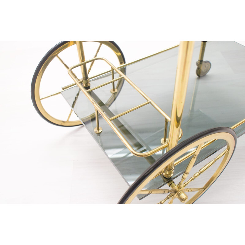 Hollywood Regency Brass & Smoked Glass Serving Trolley - 1960s