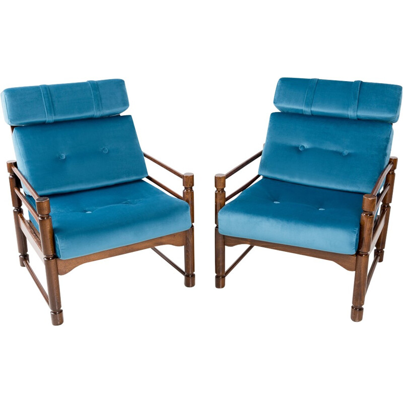 Paar vintage benzine blauwe beuken fauteuils - 1960