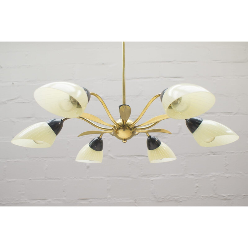 Sputnik ceiling lamp in brass and glass with 6 arms - 1950s