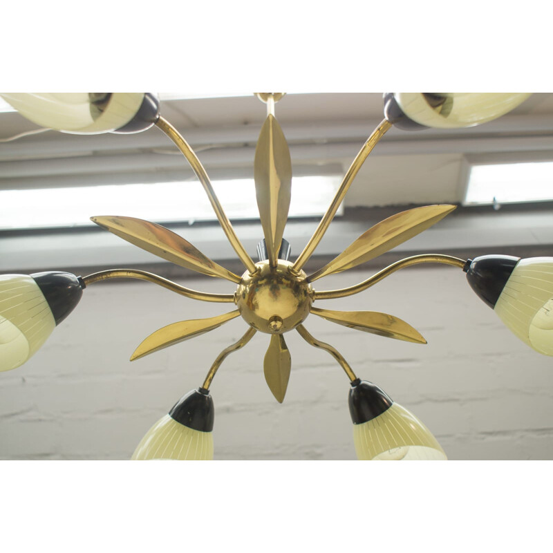 Sputnik ceiling lamp in brass and glass with 6 arms - 1950s