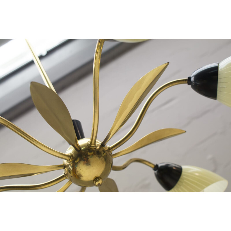 Sputnik ceiling lamp in brass and glass with 6 arms - 1950s