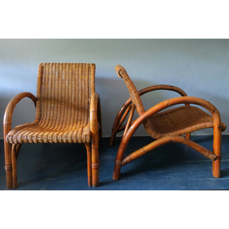 Set of 2 vintage cocktail chairs in bamboo and rattan - 1960s