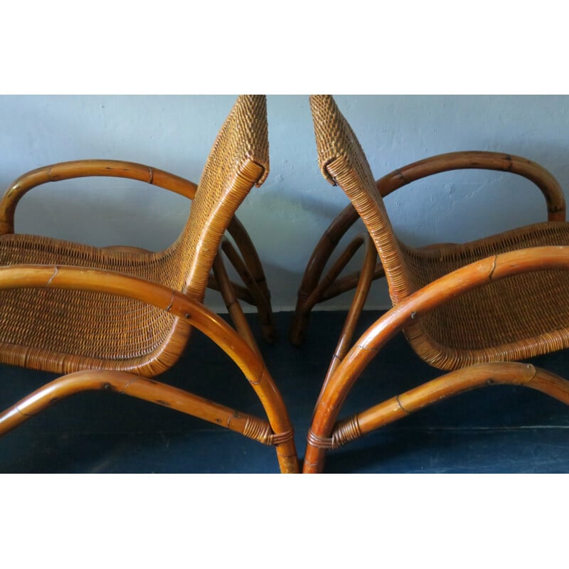 Set of 2 vintage cocktail chairs in bamboo and rattan - 1960s