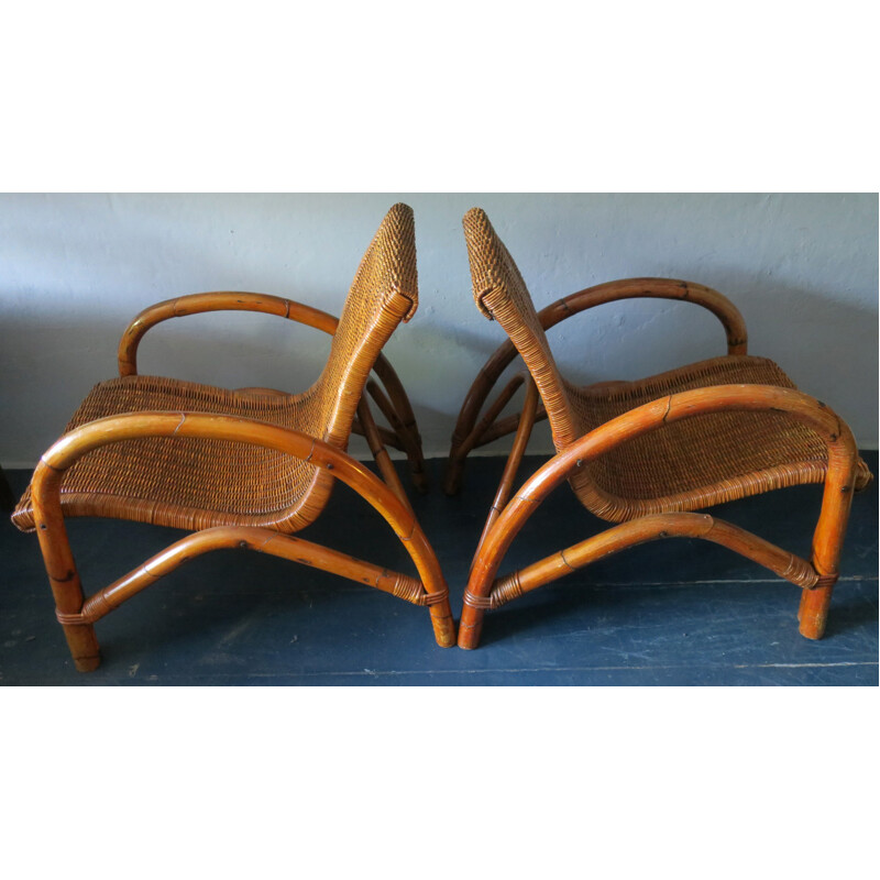 Set of 2 vintage cocktail chairs in bamboo and rattan - 1960s
