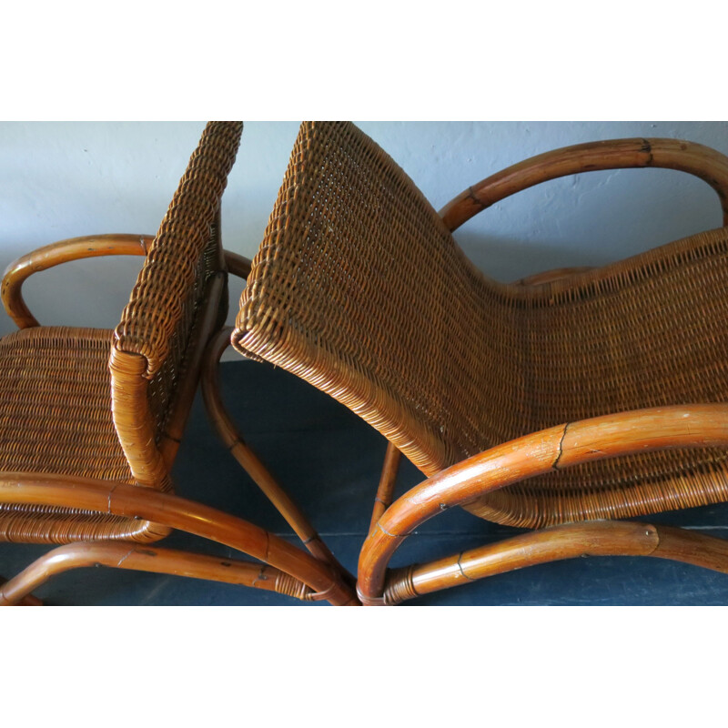 Suite de 2 chaises cocktail vintage en bambou et rotin - 1960