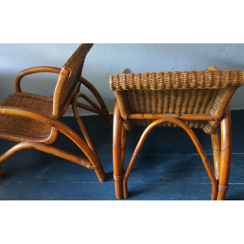 Set of 2 vintage cocktail chairs in bamboo and rattan - 1960s