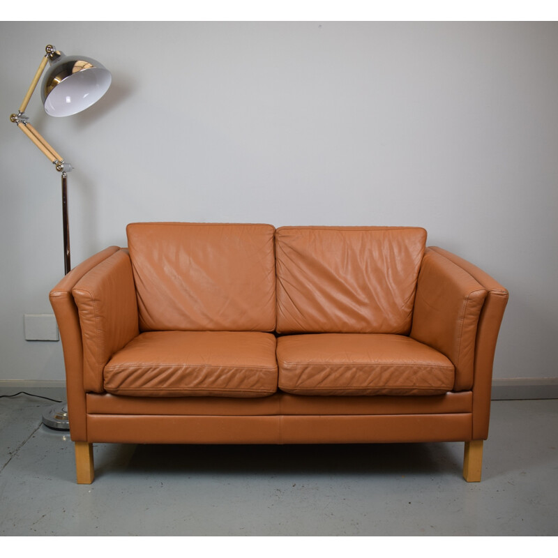 Vintage Danish "Stouby" tan leather 2 seat sofa - 1970s