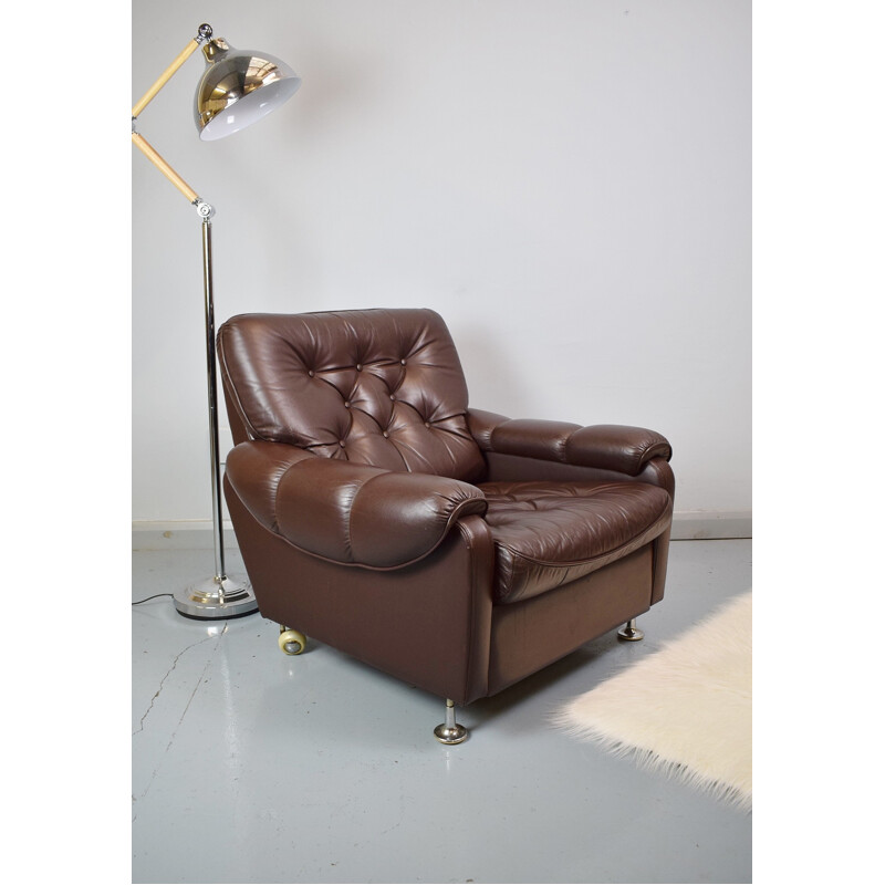 Vintage Danish dark brown leather lounge armchair - 1970s