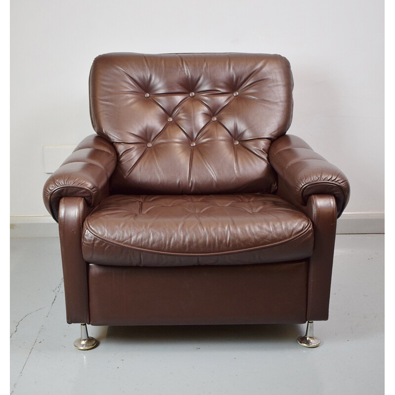 Vintage Danish dark brown leather lounge armchair - 1970s