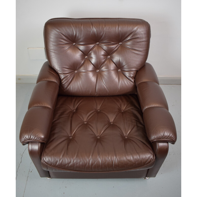 Vintage Danish dark brown leather lounge armchair - 1970s