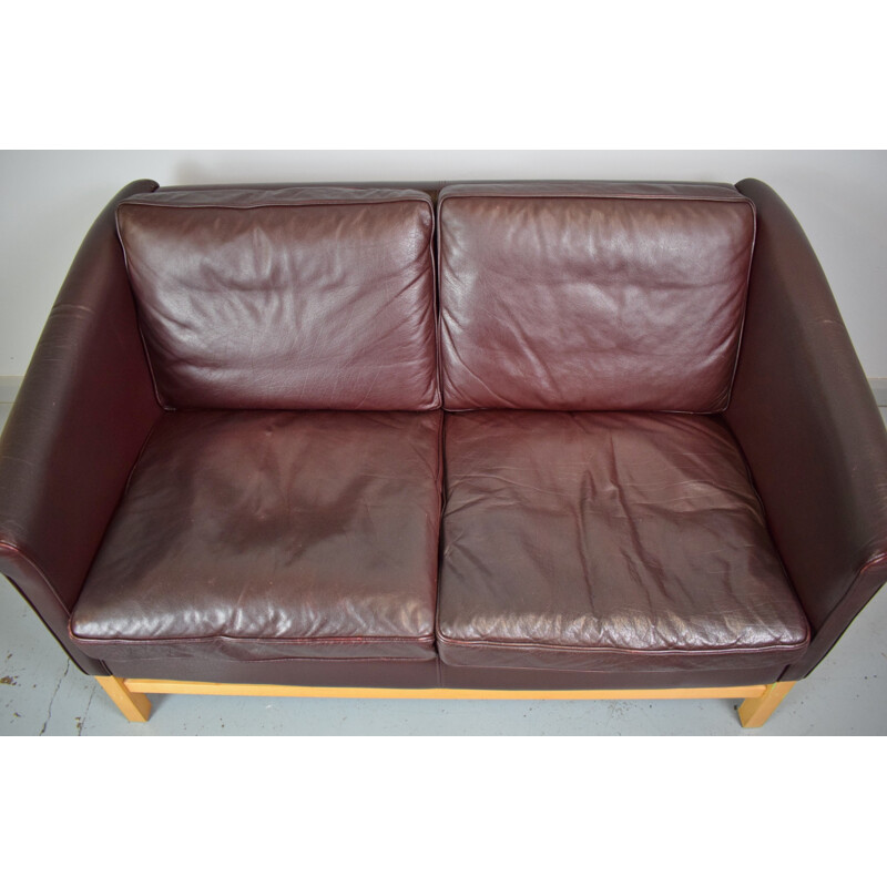 Vintage Danish Stouby burgundy leather & beech sofa - 1960s