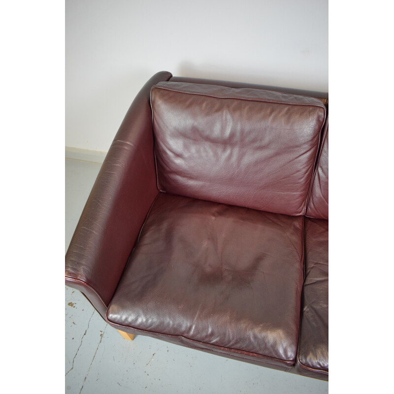 Vintage Danish Stouby burgundy leather & beech sofa - 1960s