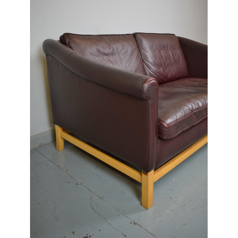 Vintage Danish Stouby burgundy leather & beech sofa - 1960s